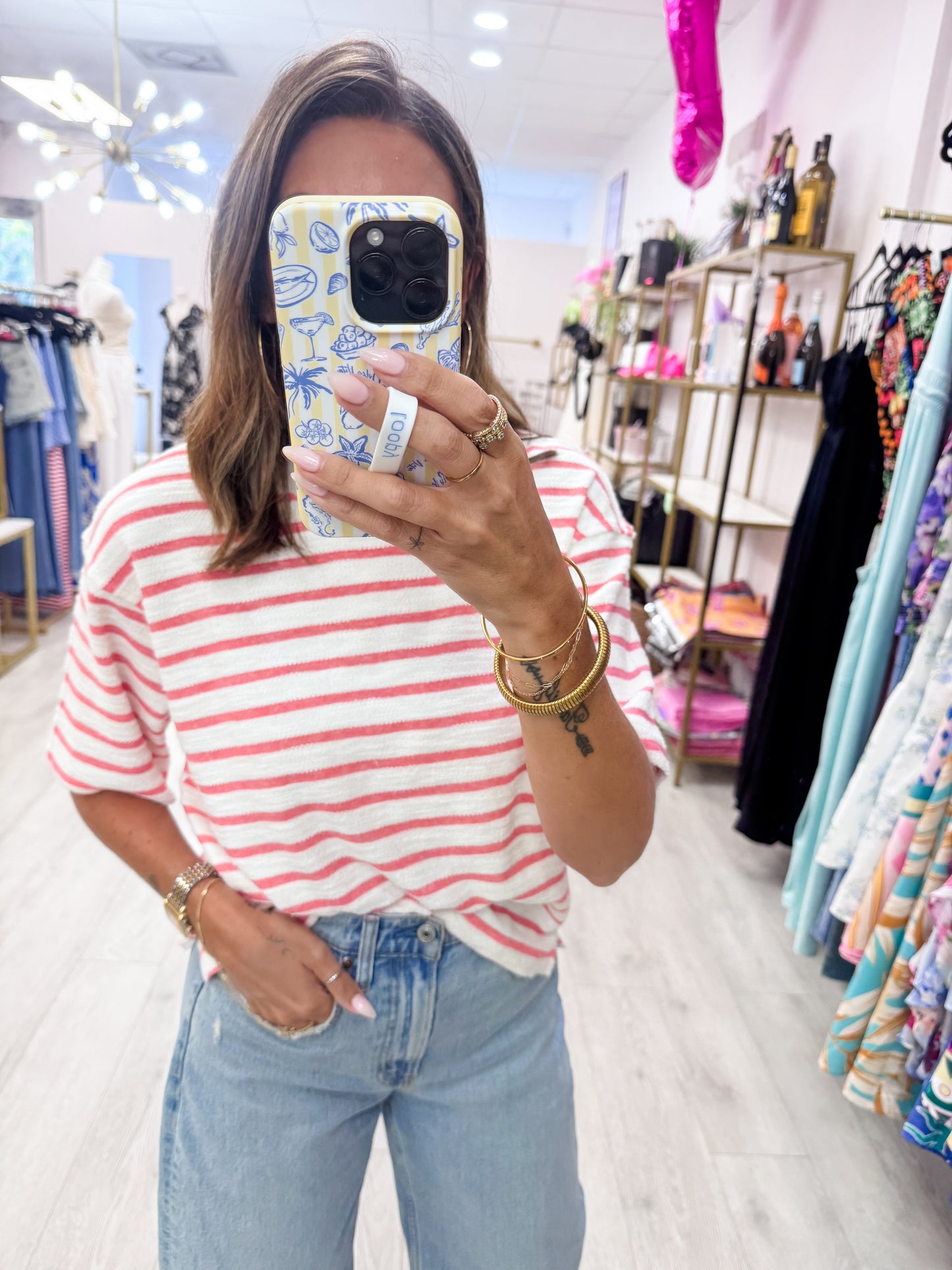 Red Striped Short Sleeve Terry Crew Neck Top