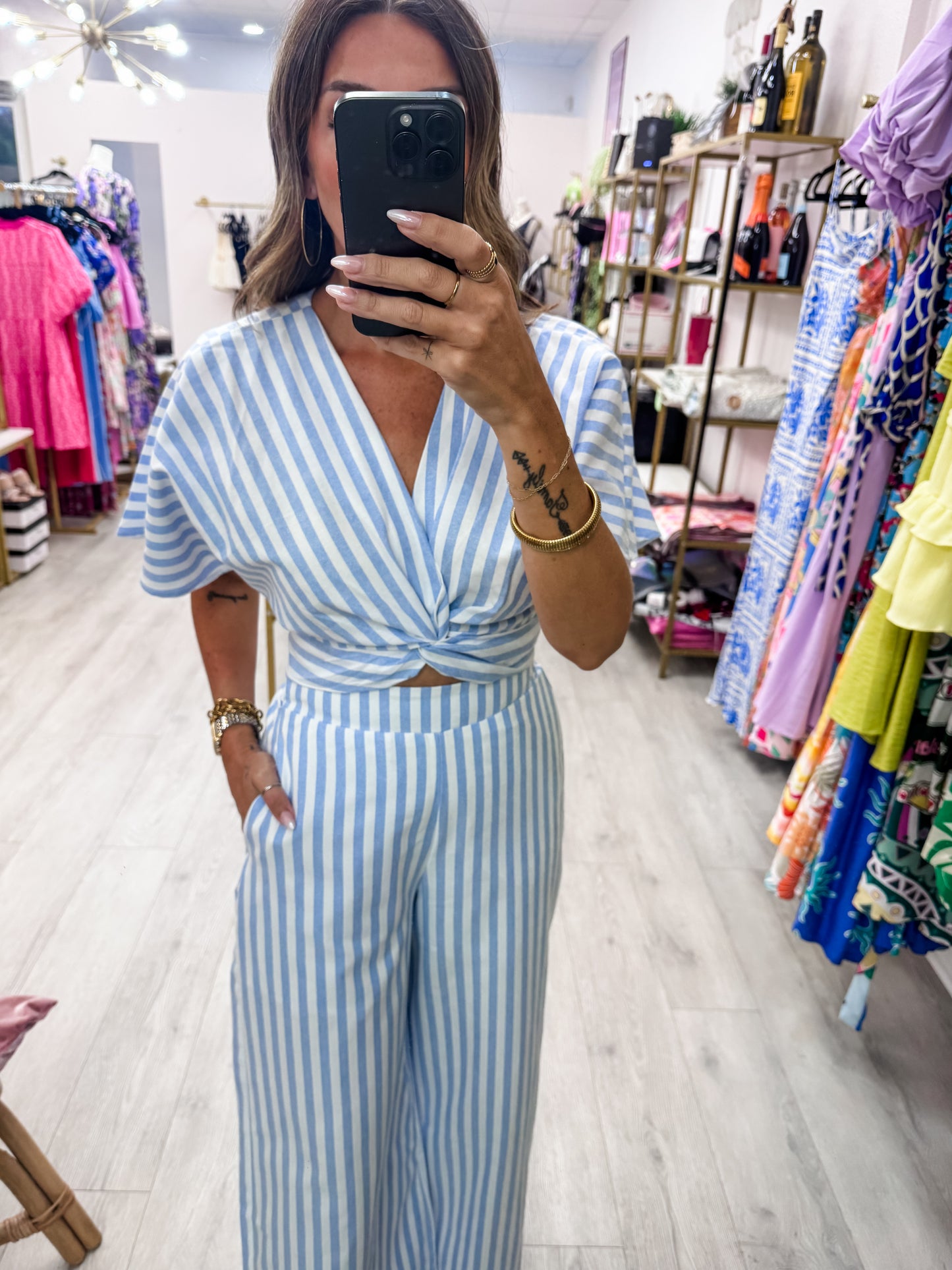 Blue Striped Twist Front Top & Pants