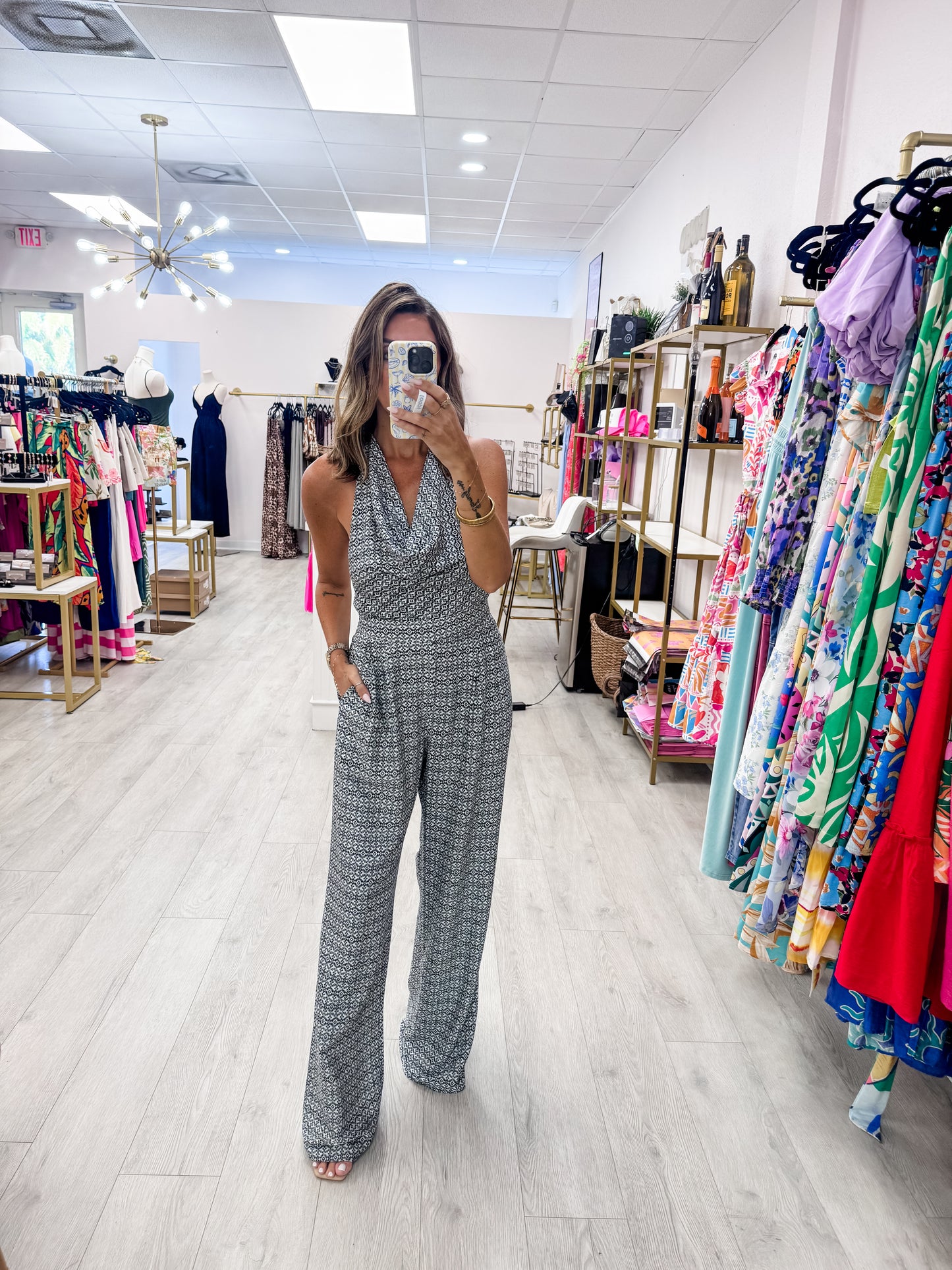 Black & White Cowl Neck Halter Open-Back Pant ST
