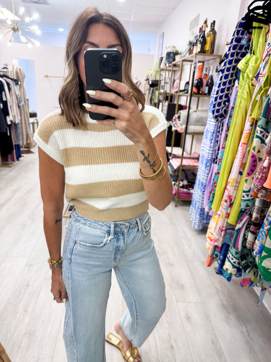 Taupe Striped Ribbed Knit Top