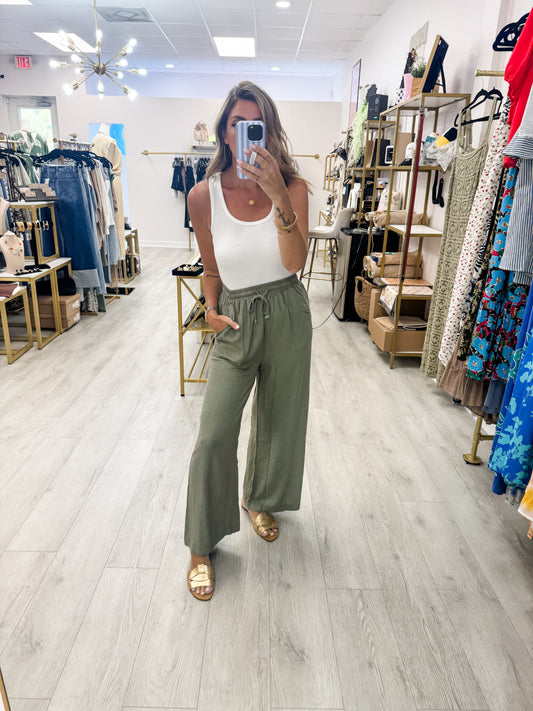 Olive Wide Leg Linen Blend Pants