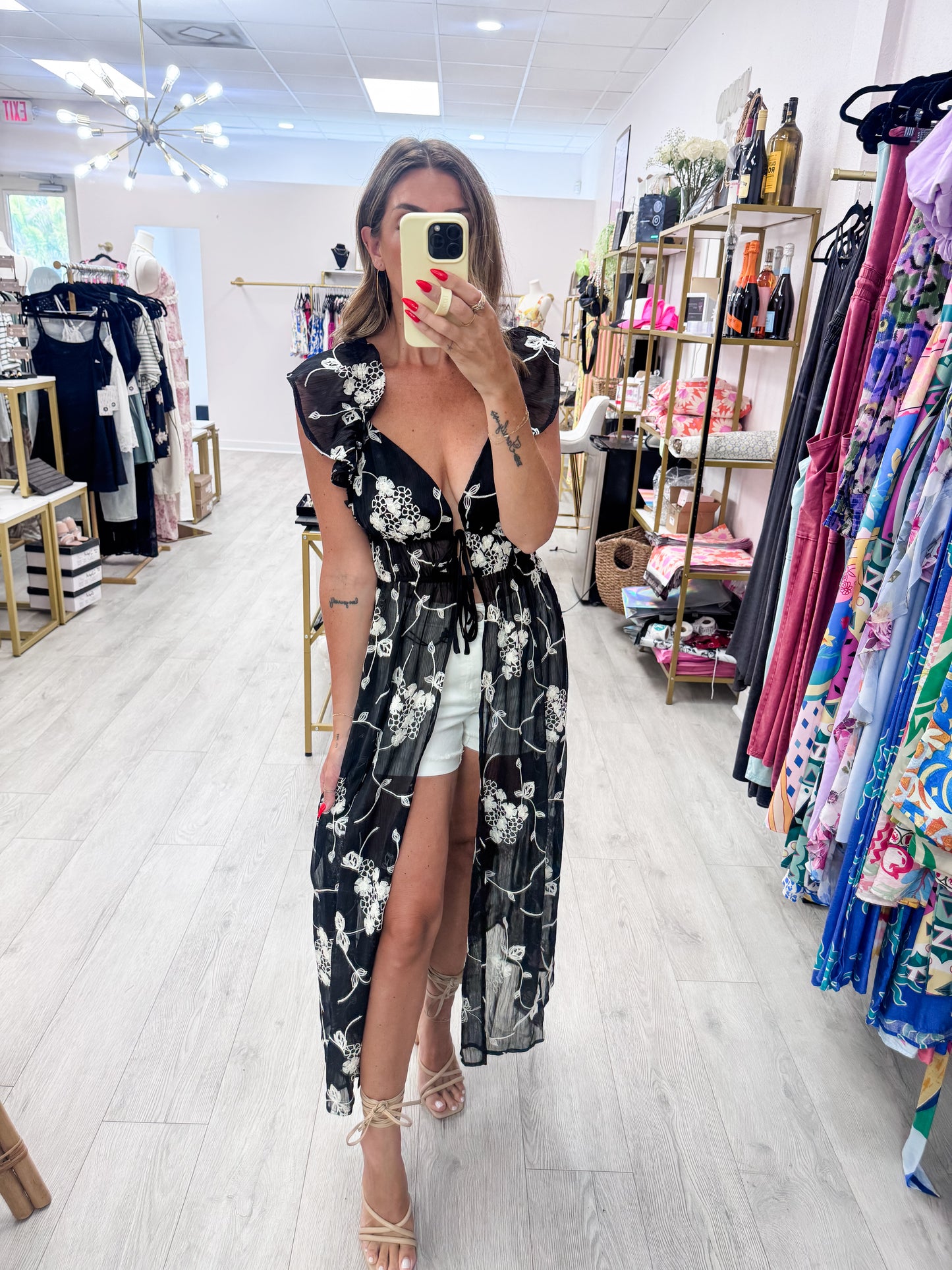 Black Embroidered Chiffon Duster Top