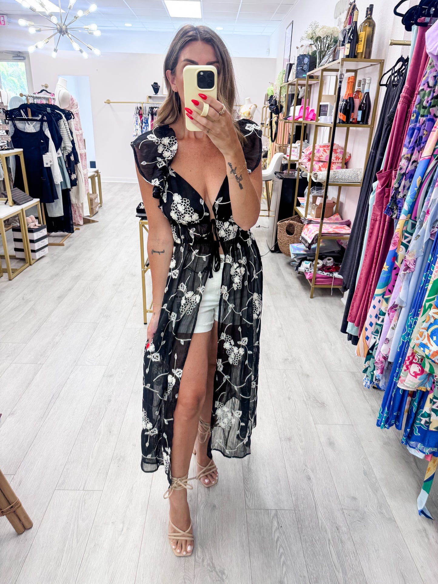 Black Embroidered Chiffon Duster Top