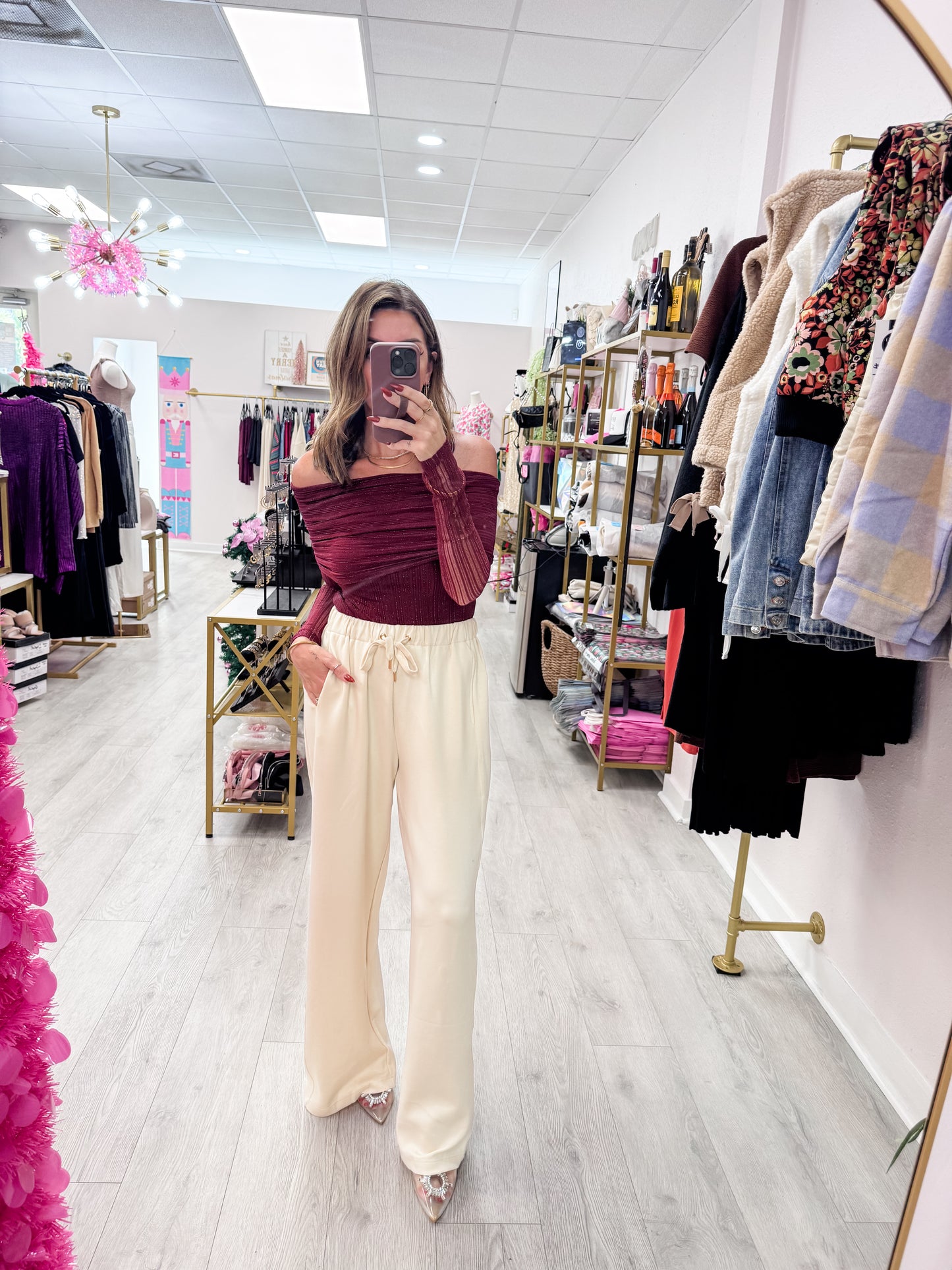 Cream Knit Wide-Leg Trousers With Drawstring Waist