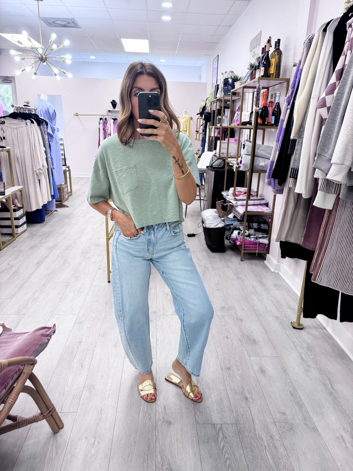 Sage Green Boxy Crew Neck Top With Pocket