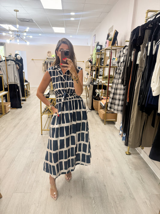Abstract Navy Midi Dress