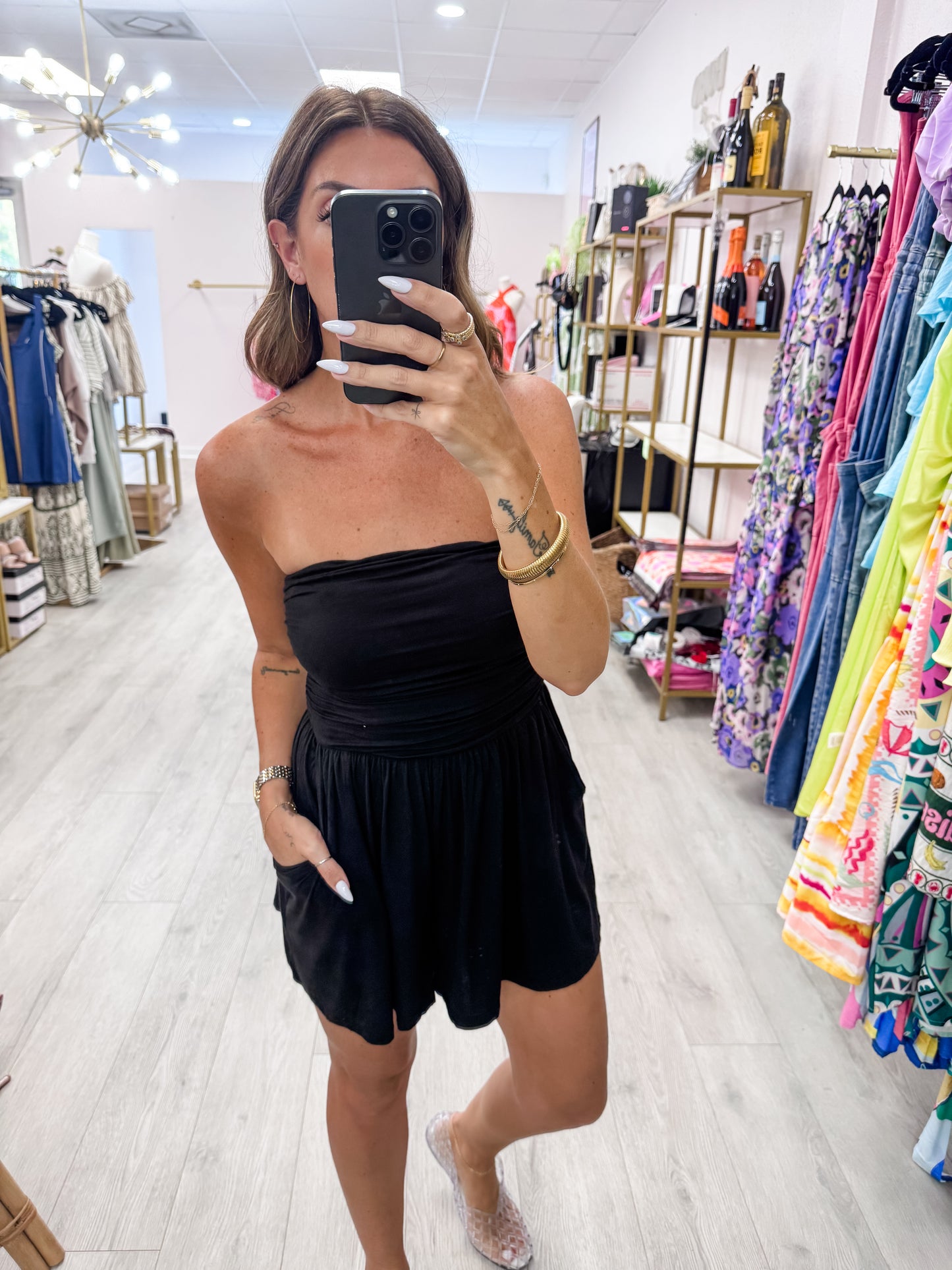 Black Strapless Shirred Waist Romper