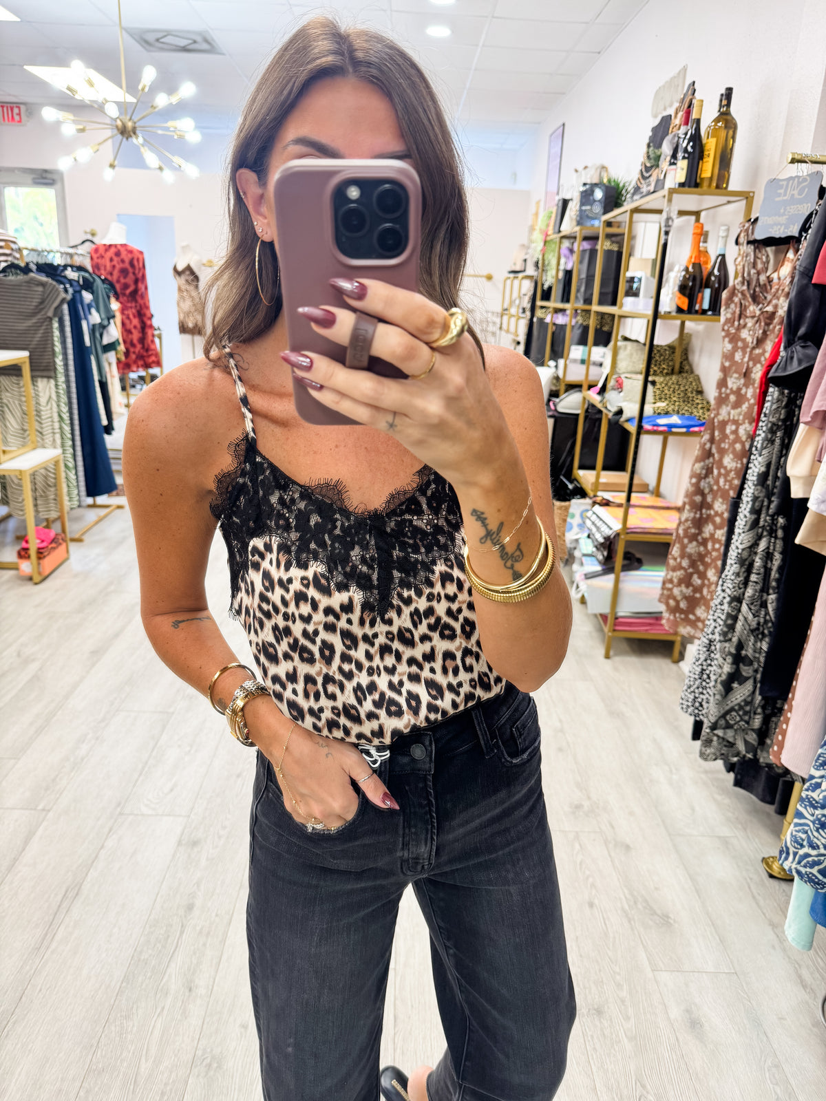 Leopard Lace Trim Camisole Top