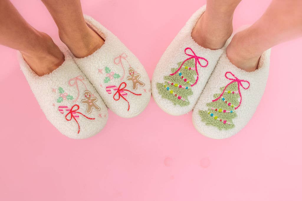 Pink Bow Christmas Tree Slippers