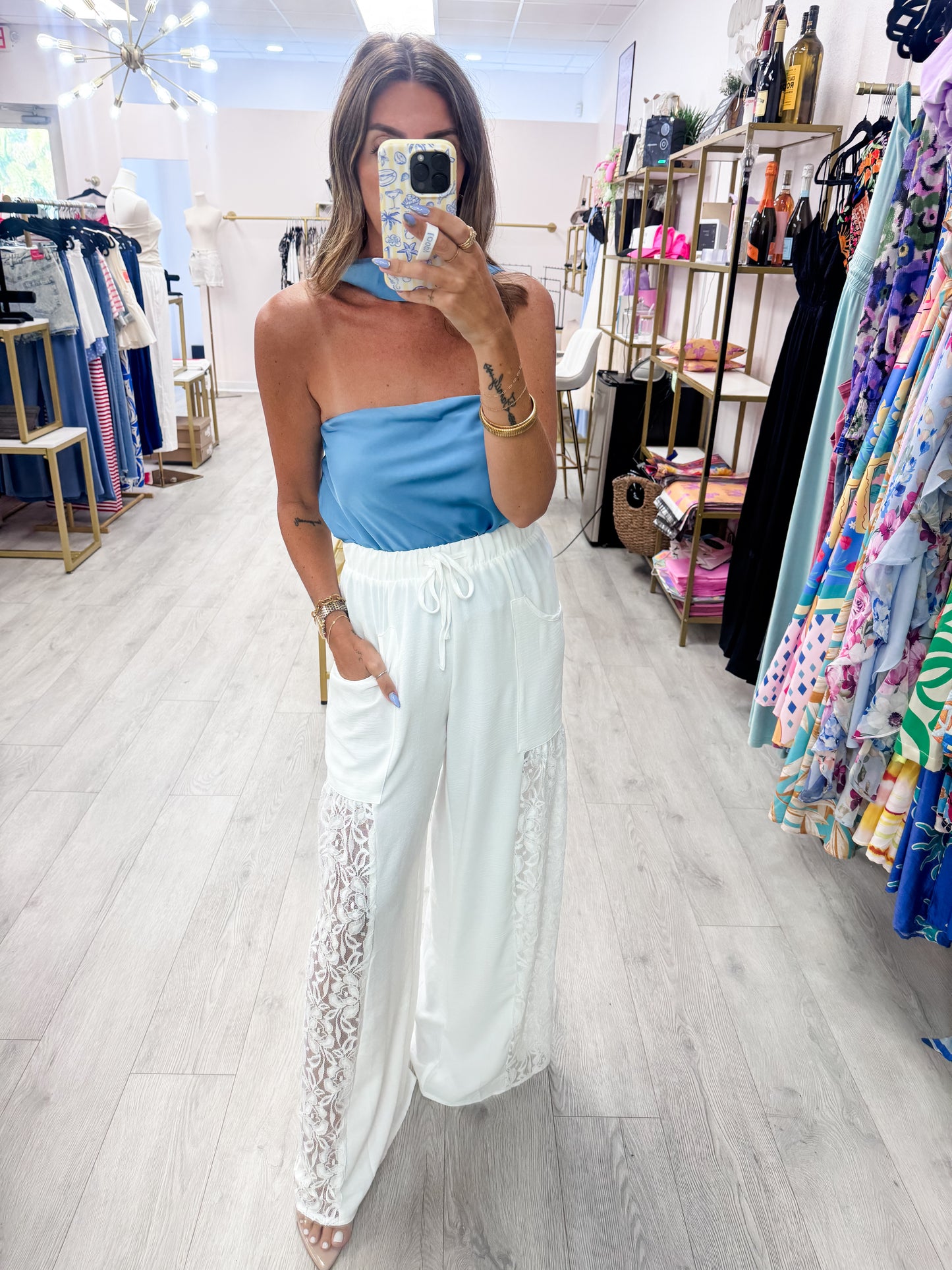 White Wide Leg Lace Panel Pants