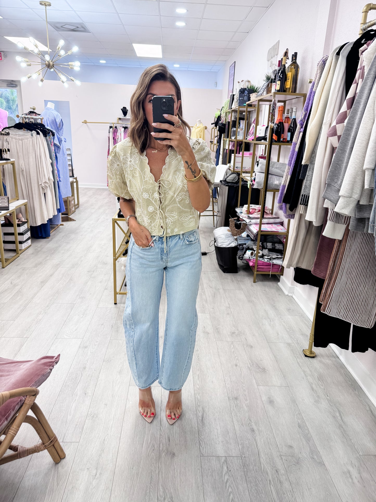 Sage Floral Embroidered Tie-Front Top