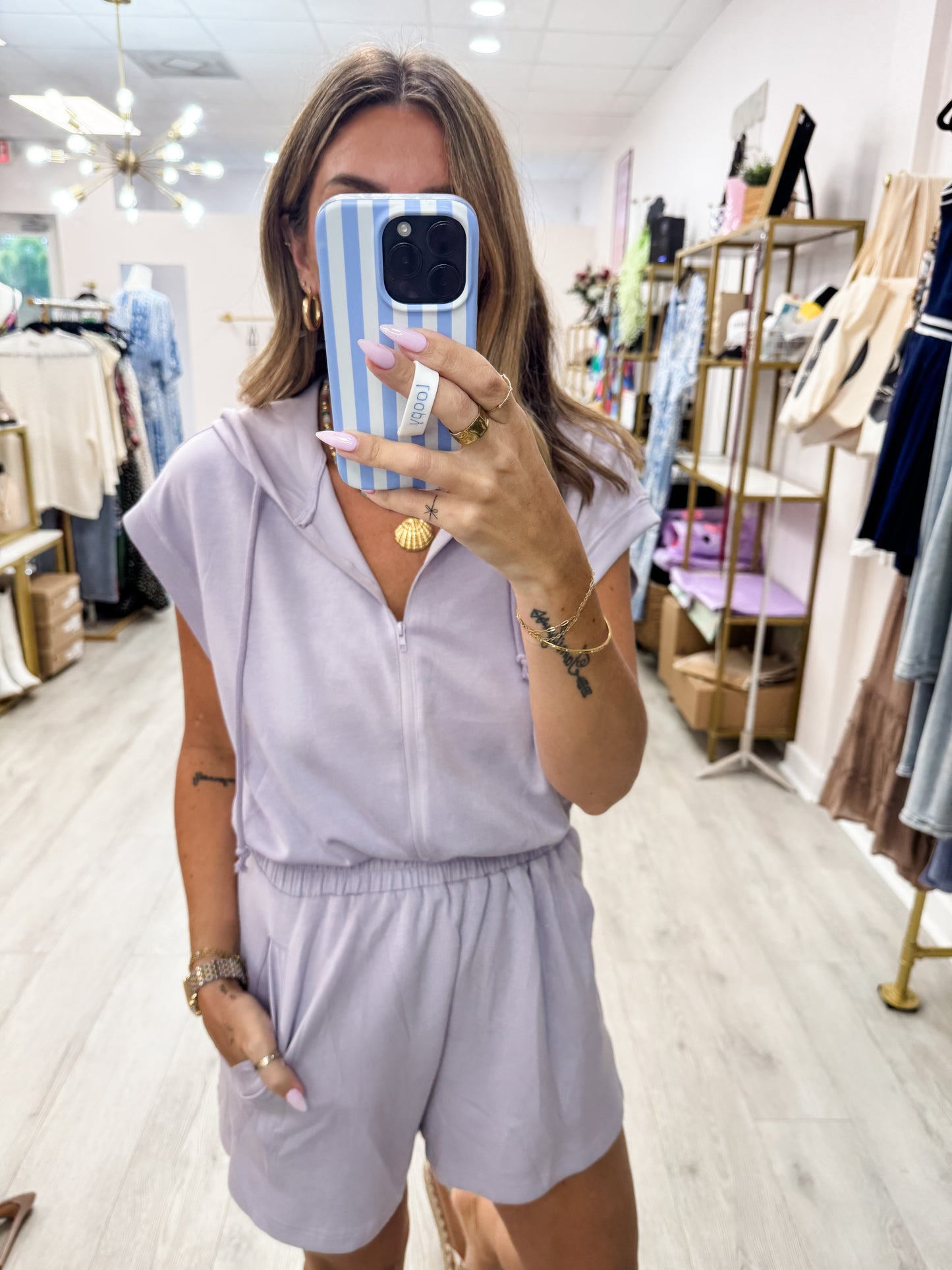 Lilac Gray Half Zip Romper