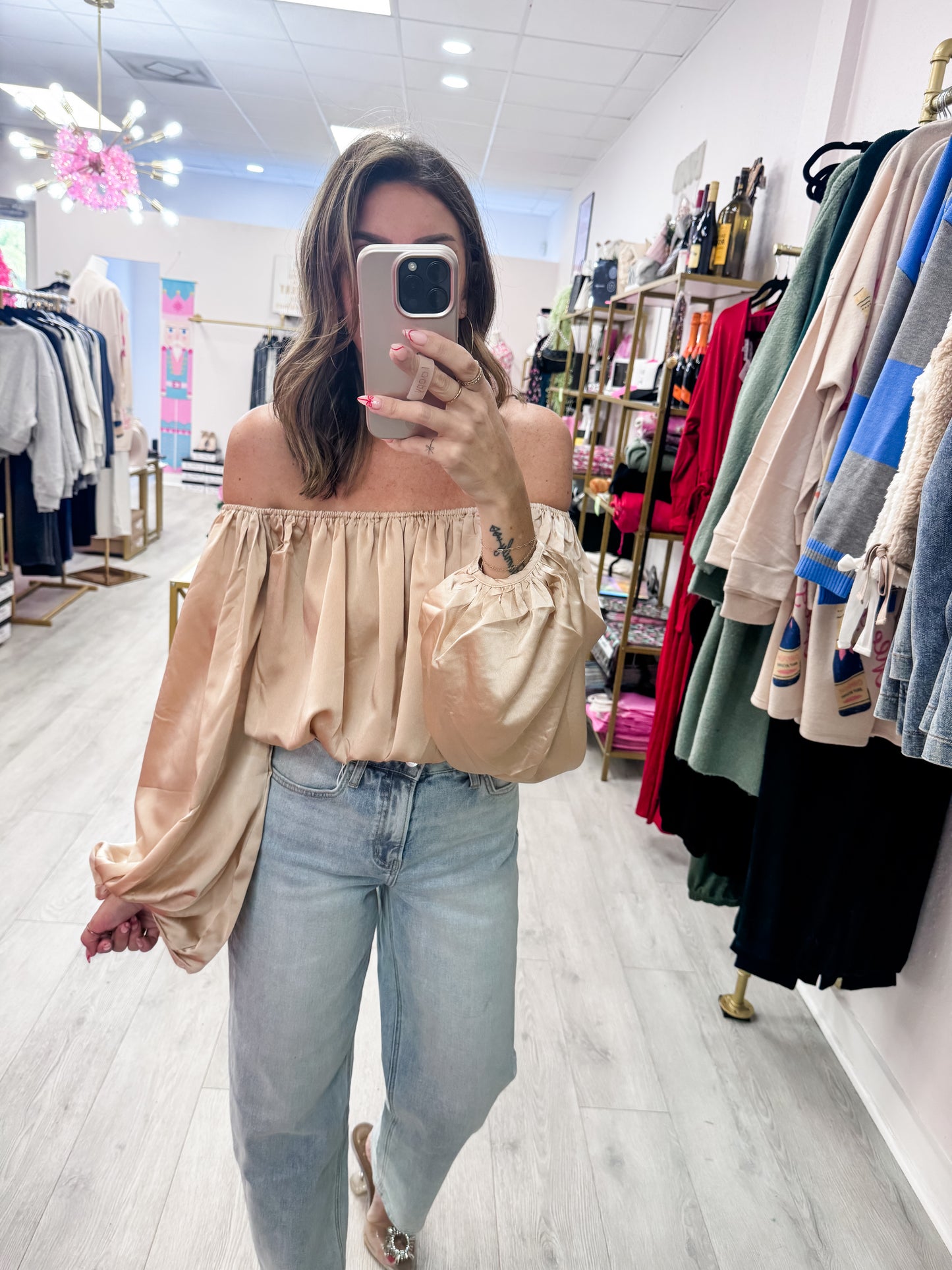 Taupe Elegant Off-Shoulder Blouse With Balloon Sleeves