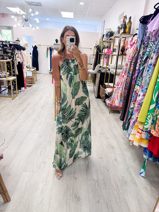 Resort Palm Tropical Print Maxi Dress
