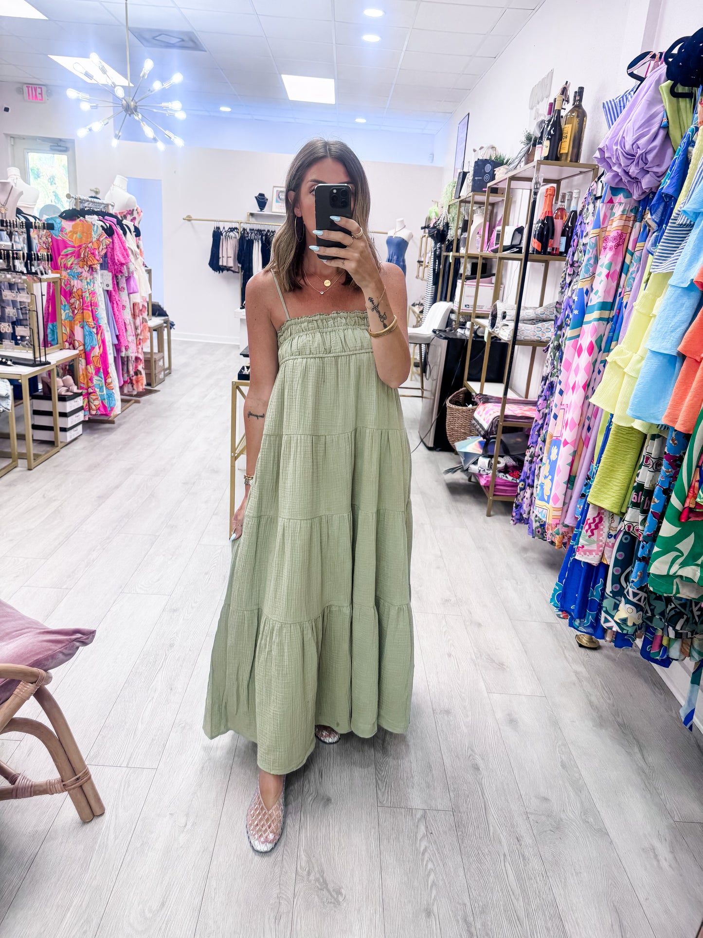 Light Olive Smocked Tiered Maxi Dress