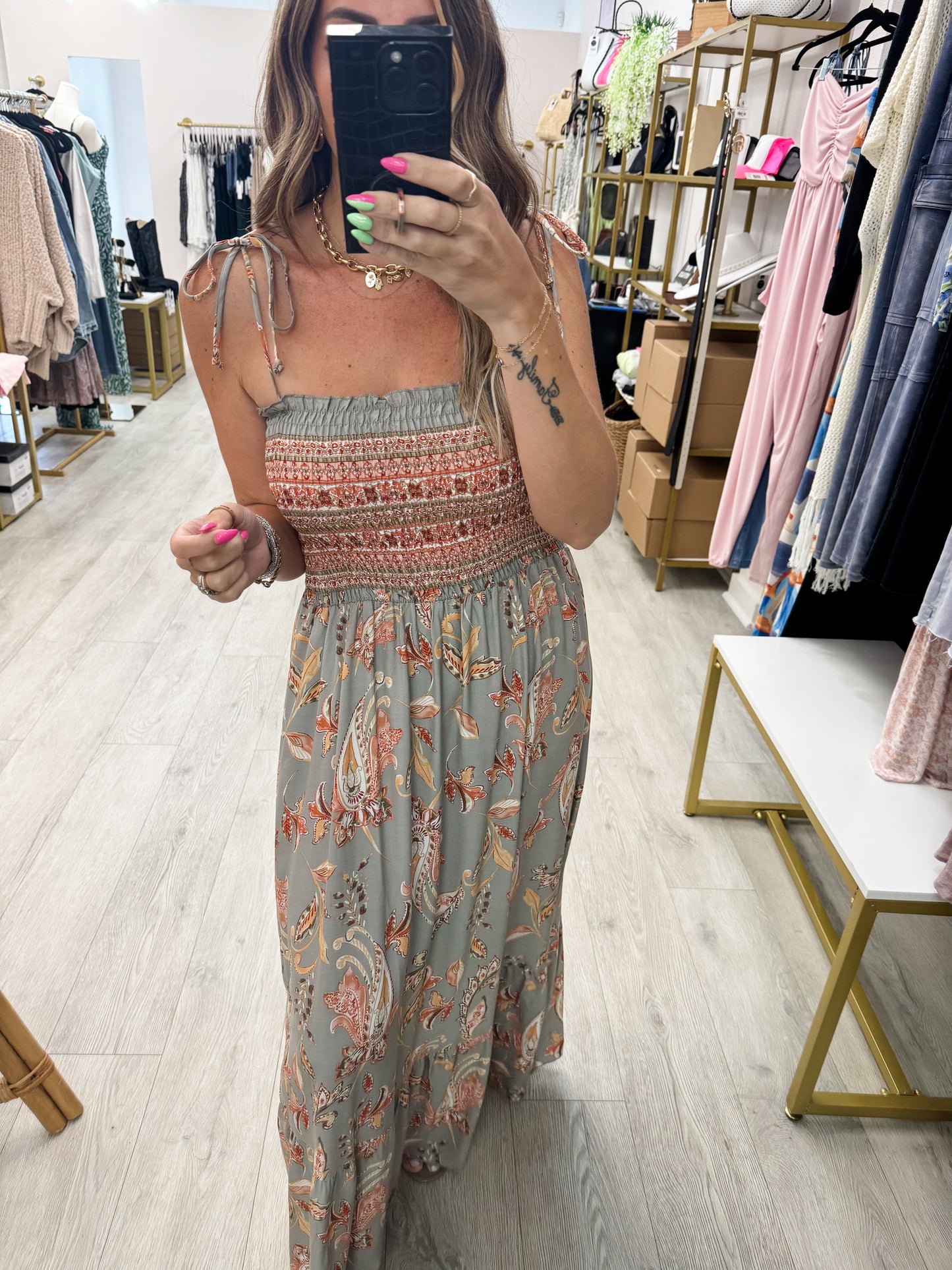 Tie Shoulder Boho Paisley Maxi Dress