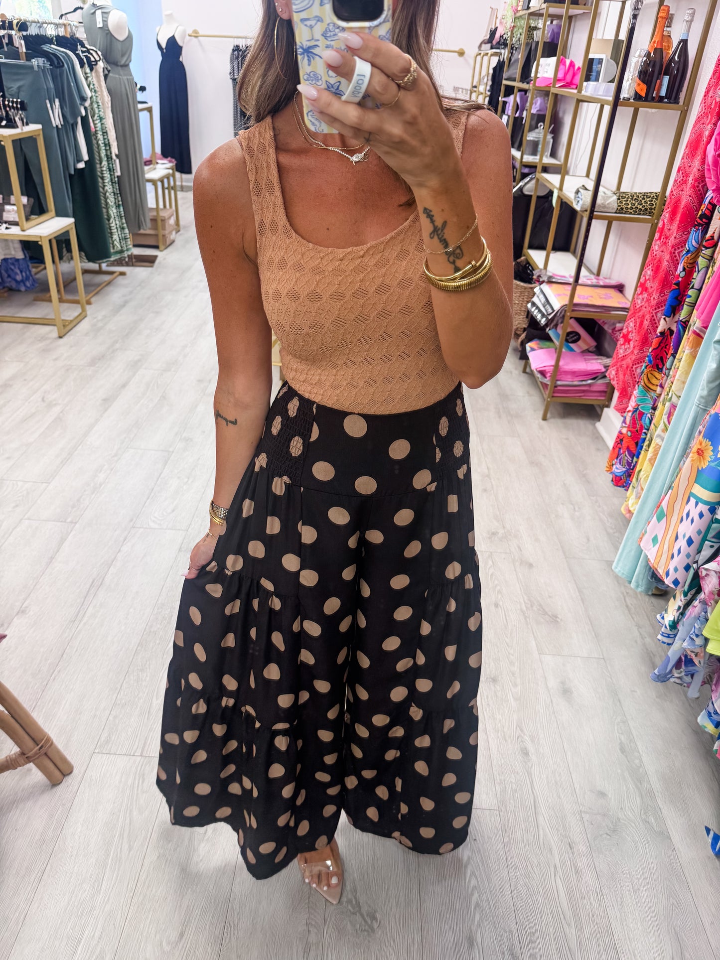 Black Tiered Polka Dot Wide Leg Pants