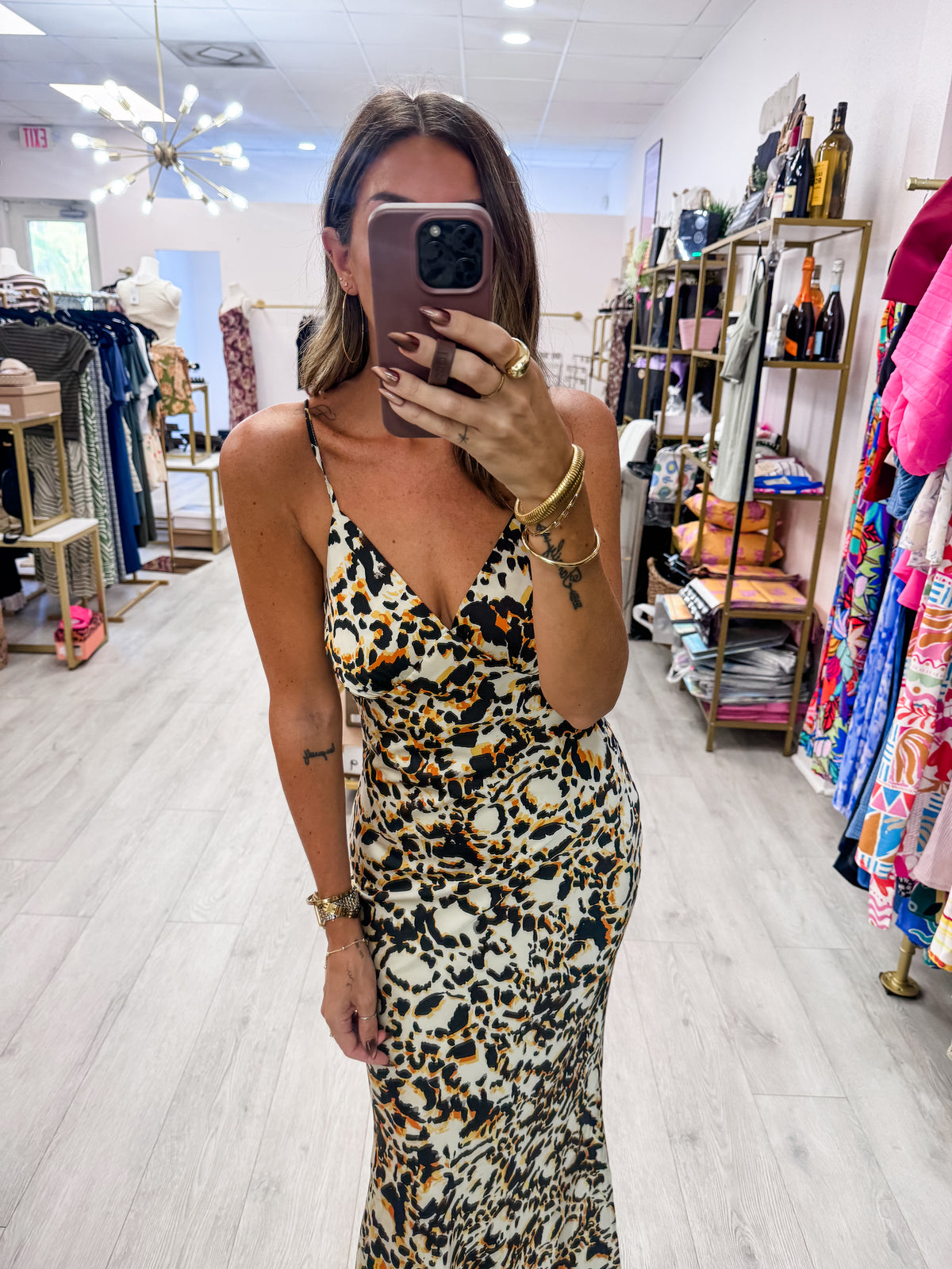 Leopard Satin Chevron Seam Opan Back Maxi Dress