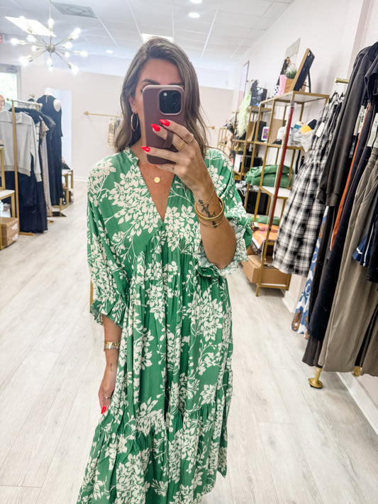 Green Loose Fit Floral Midi Dress