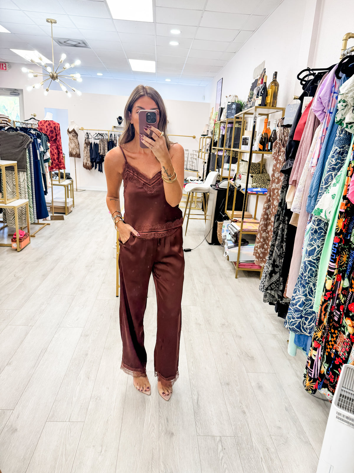 Brown Lace Trim Satin Spaghetti Strap Cami Top