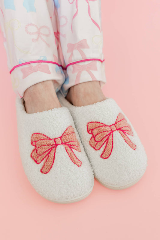 Fuzzy Plush Slippers with Pink Bow