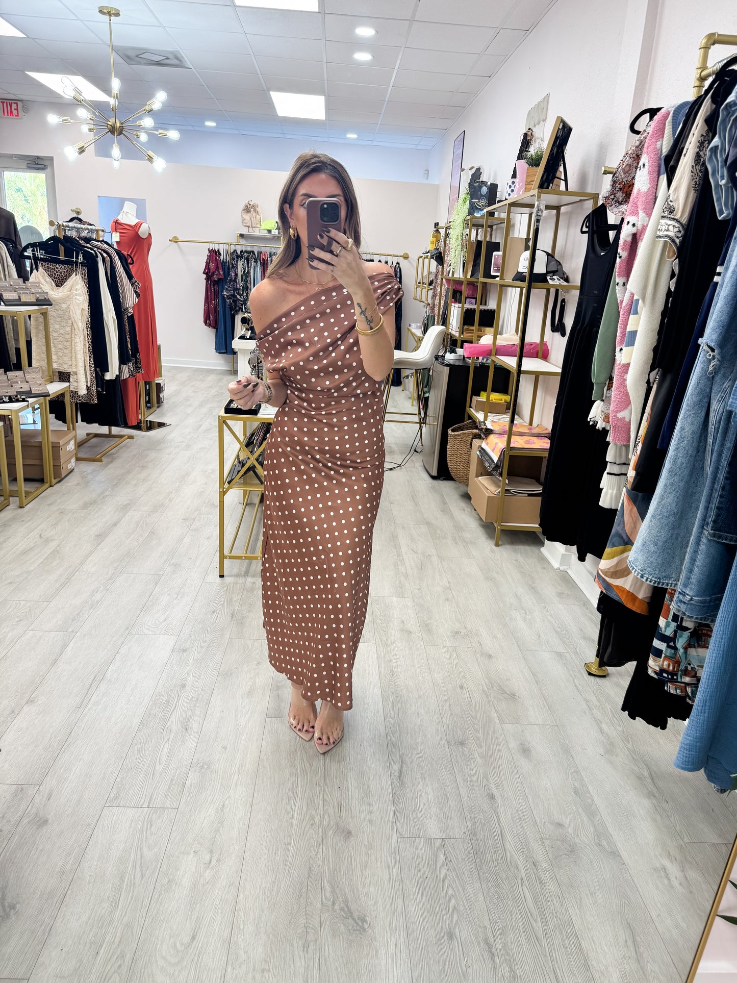 Satin Polka Dot Cowl Neck Maxi Dress