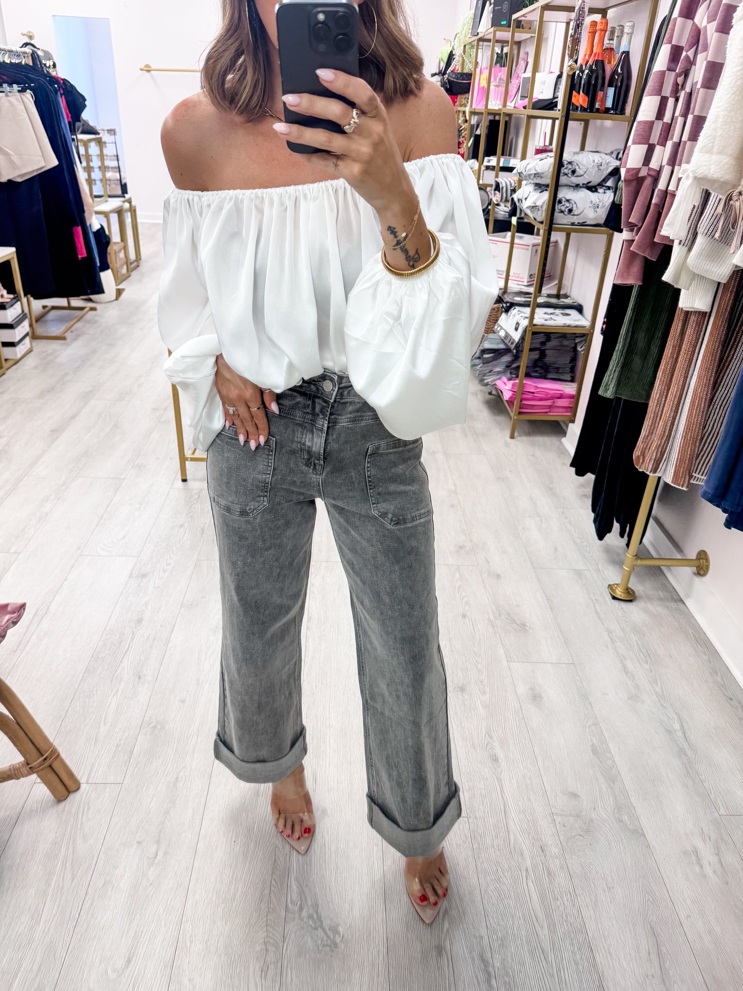 Gray Clover Front Pocket Denim