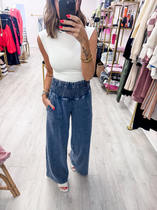 Blue Mineral Washed Wide-Leg Smocked Waist Pants