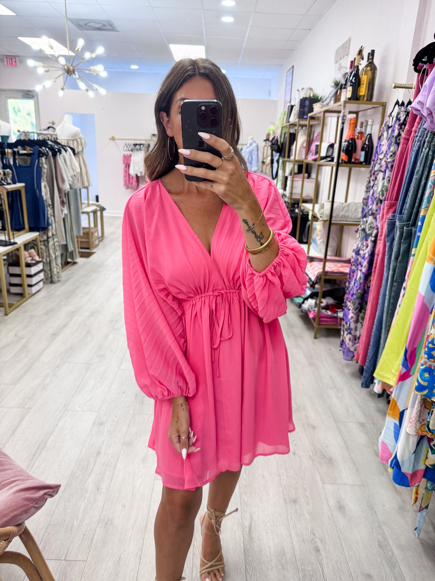 Bubble Gum Solid Deep V Neck Chiffon Bishop Sleeve Mini Dress