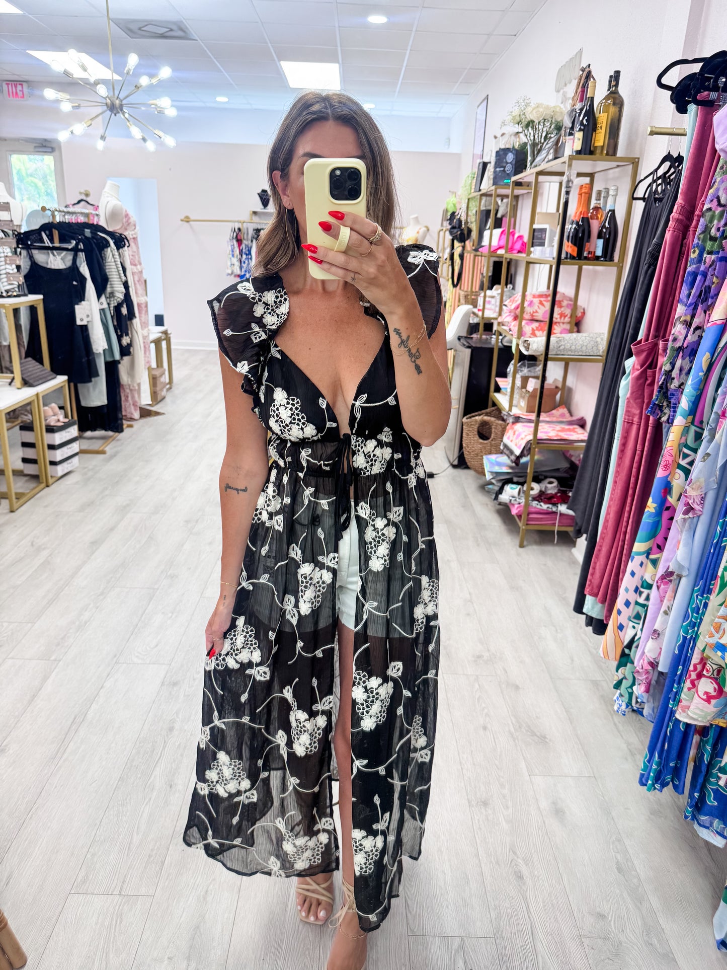 Black Embroidered Chiffon Duster Top