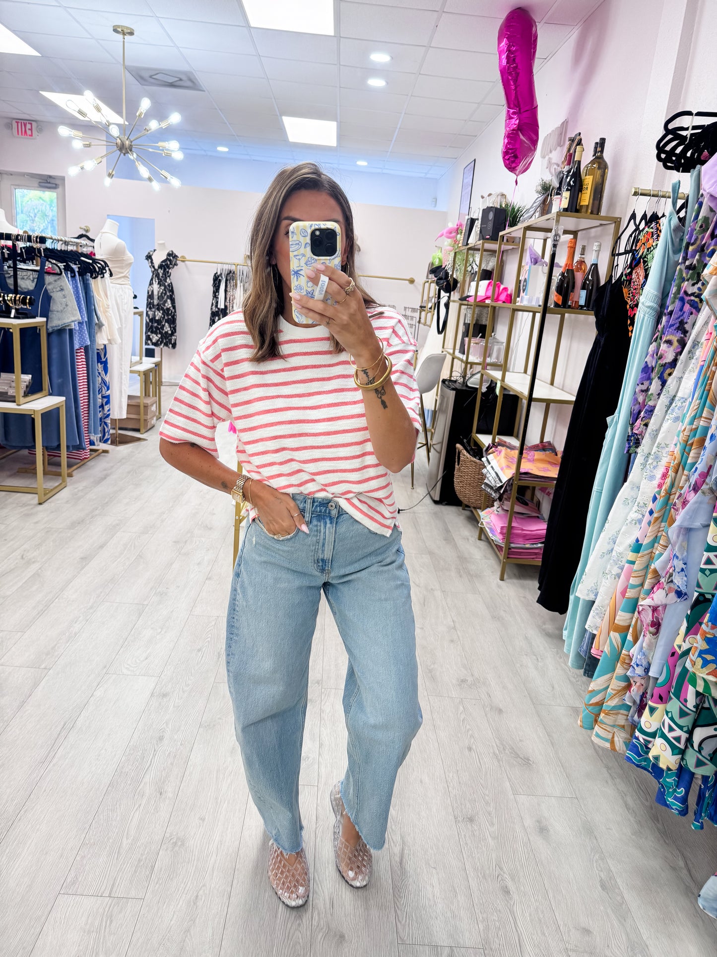 Red Striped Short Sleeve Terry Crew Neck Top