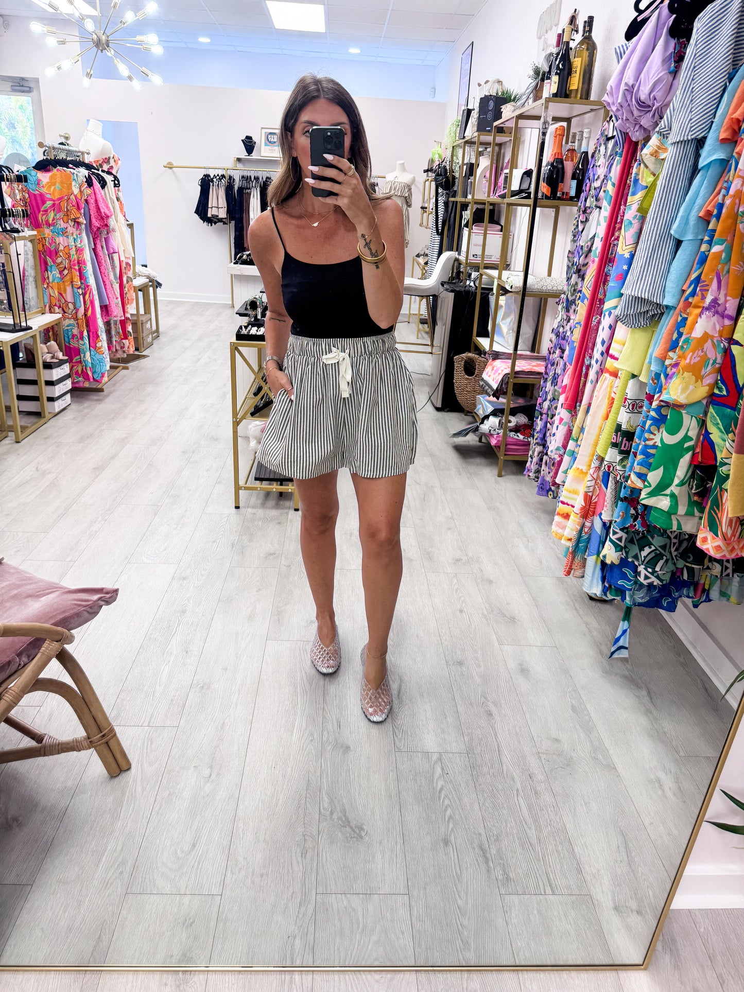 Black Striped Elastic Waist Shorts