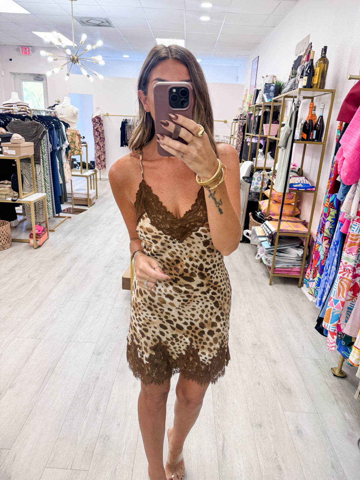 Lace Trim Satin Leopard Slip Mini Dress