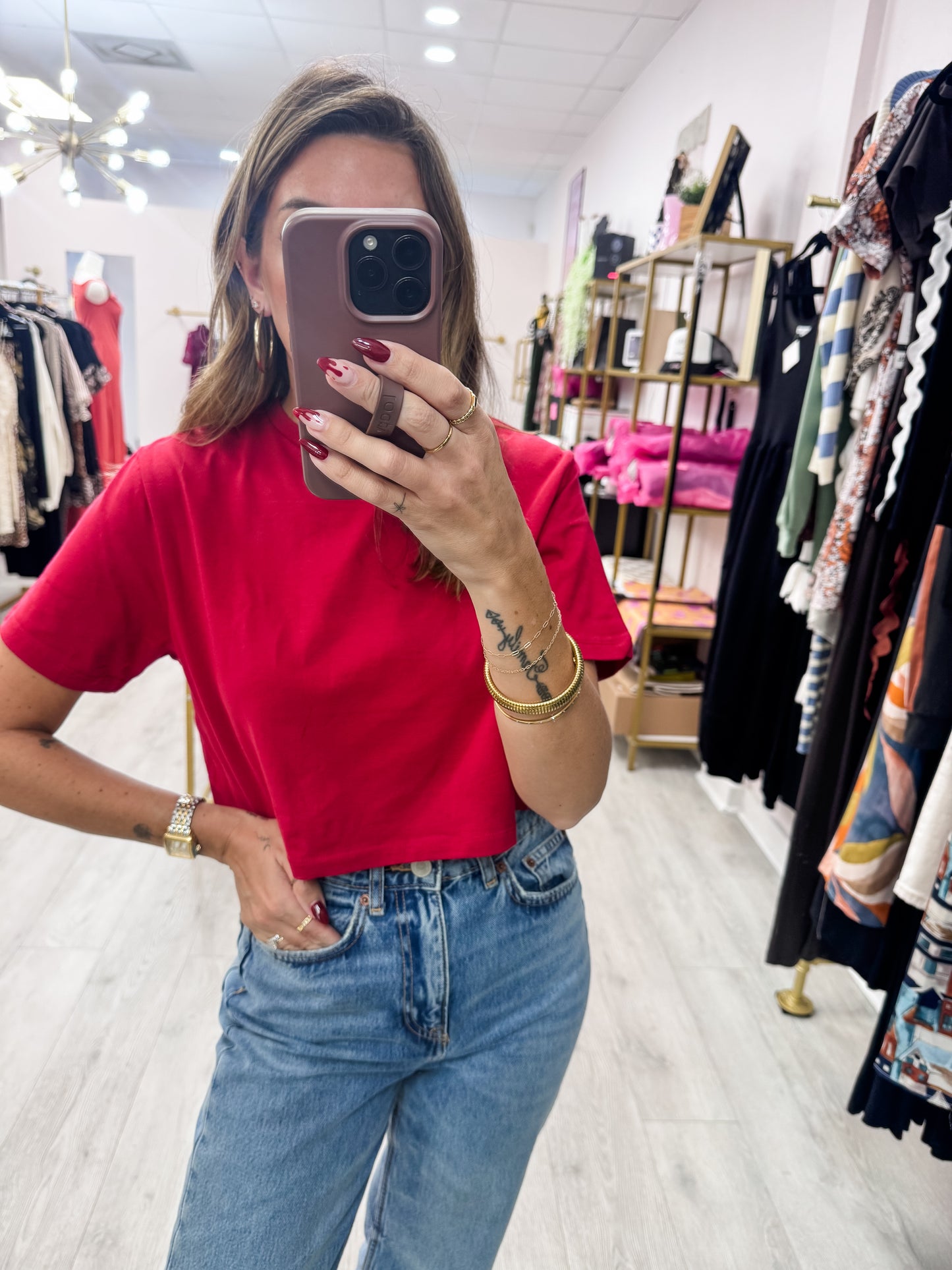 Wine Cotton Lycra Boxy Cropped Tee