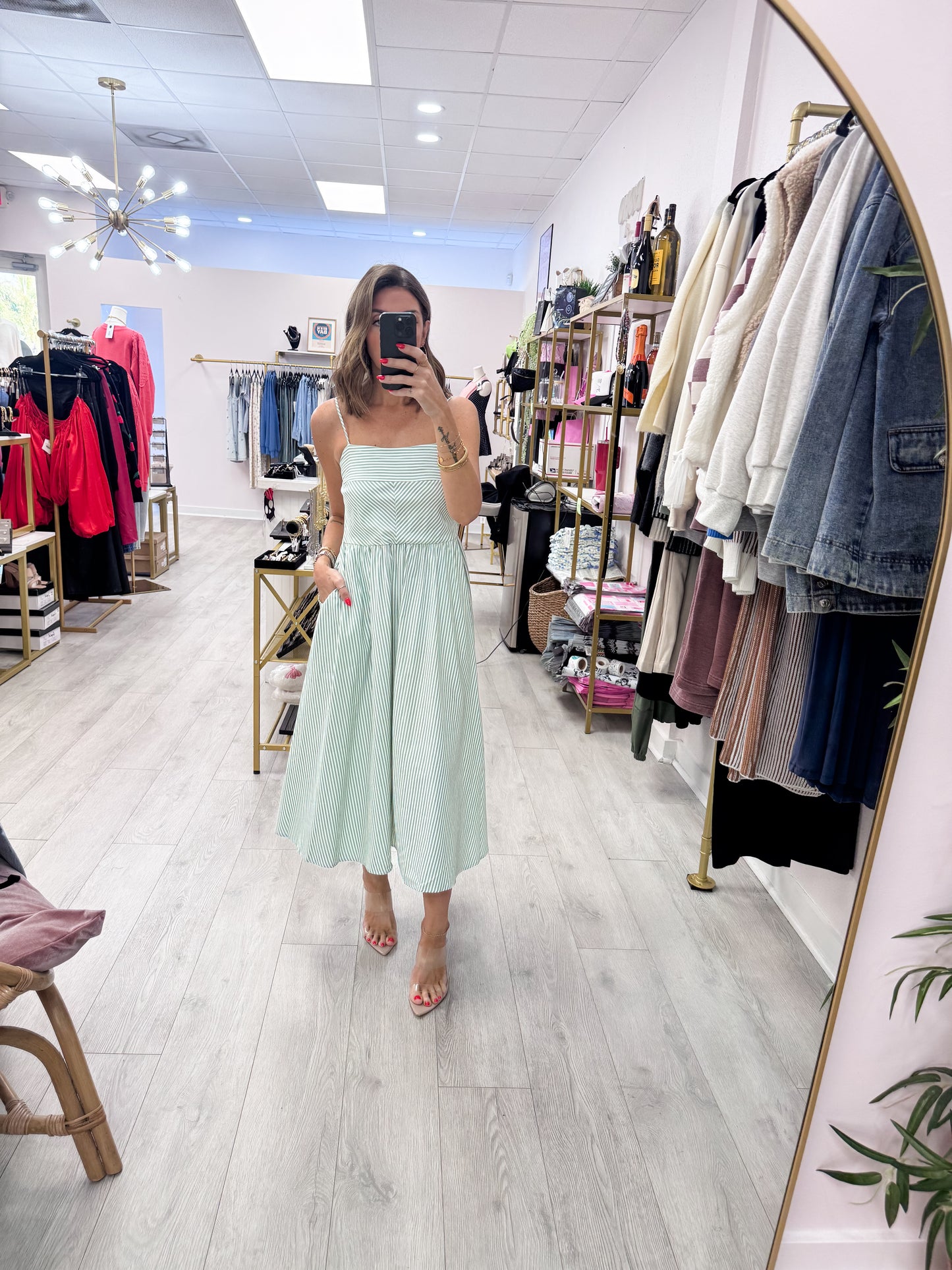 Sage Green Striped Spaghetti Strap Dress