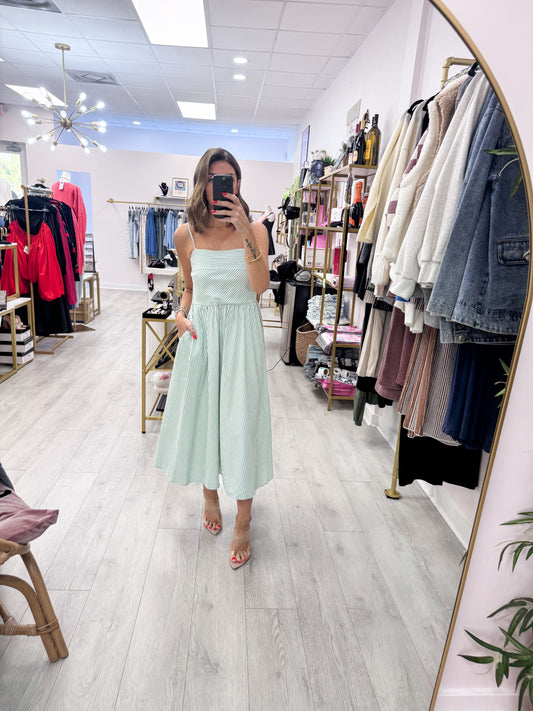 Sage Green Striped Spaghetti Strap Dress