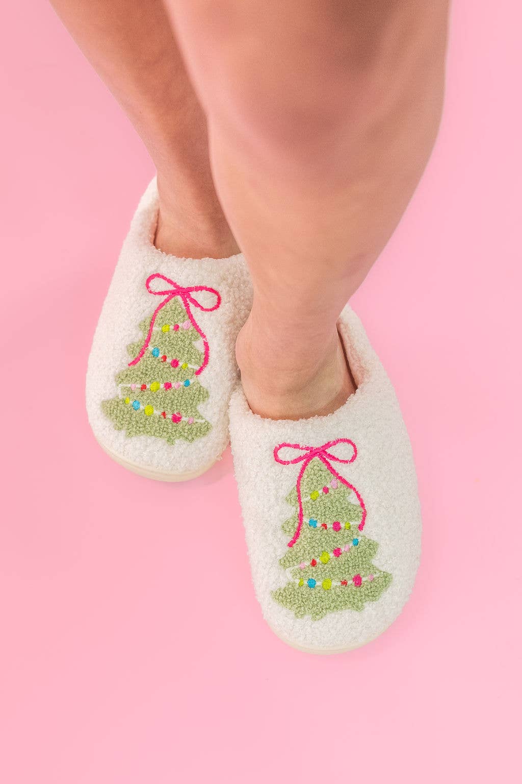 Pink Bow Christmas Tree Slippers