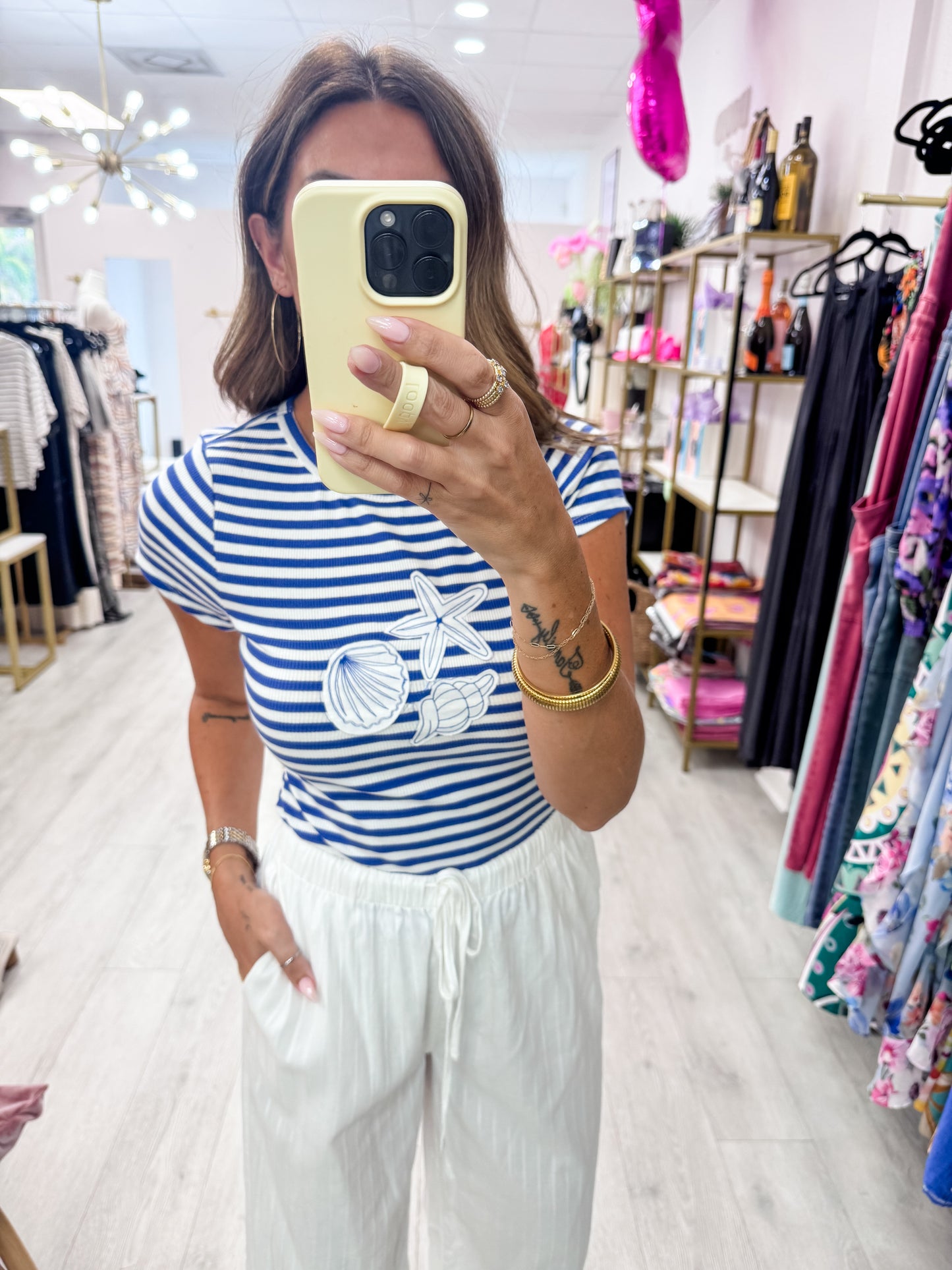 Blue Seashell Embroidered Patch Top