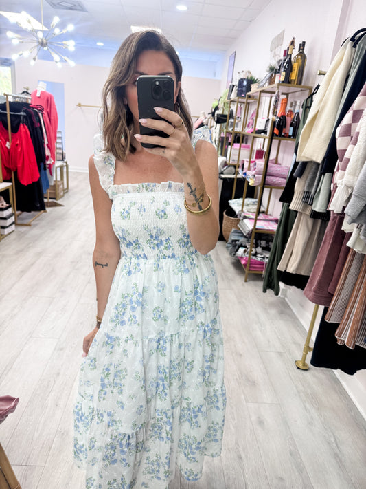 Blue Smocked Floral Ruffle Strap Dress