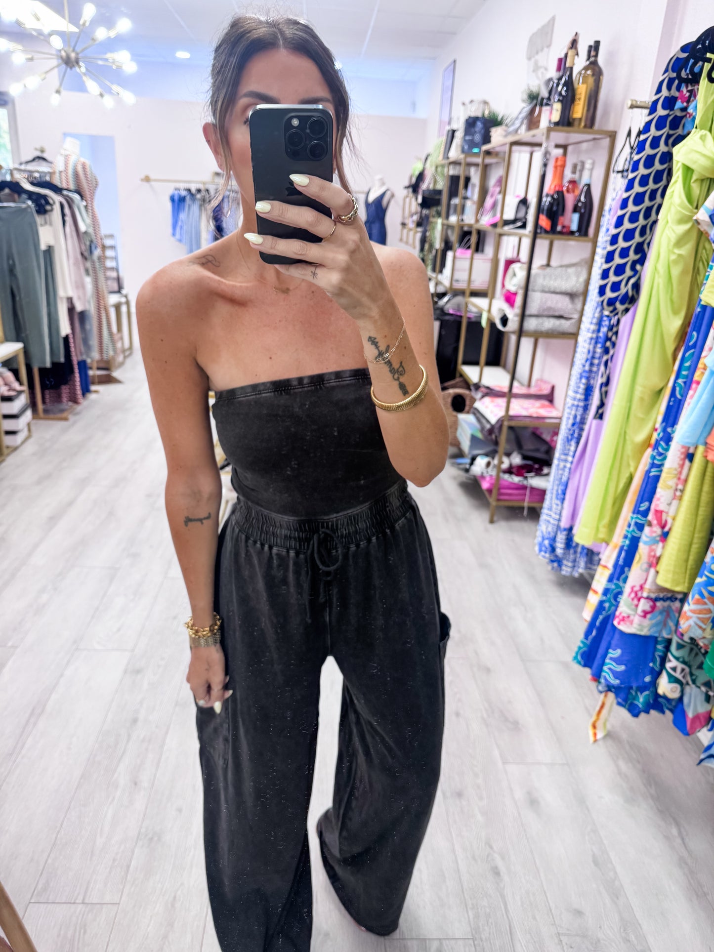 Black Mineral Wash Strapless Wide-Leg Jumpsuit