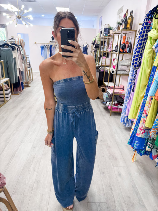Navy Mineral Wash Strapless Wide-Leg Jumpsuit