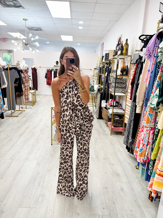 Leopard Drape Tunic Top and Wide Leg Pants Set