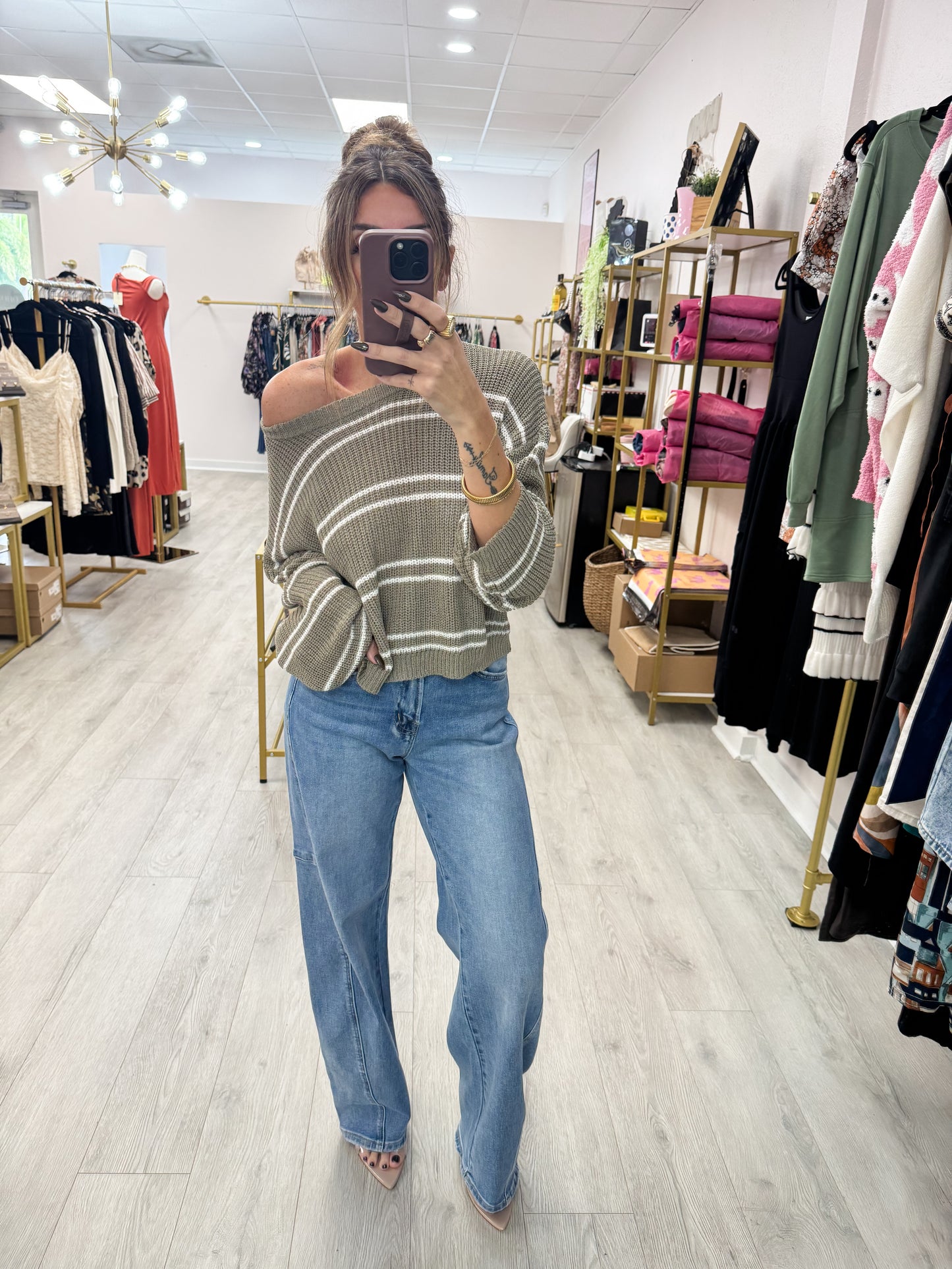 Olive Double Striped Long Sleeve Knit Top