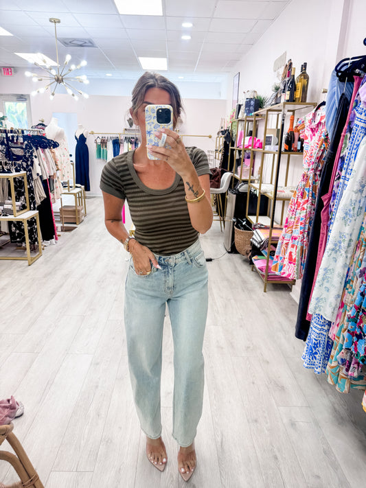 Earth Olive Striped Scoop Neck Top