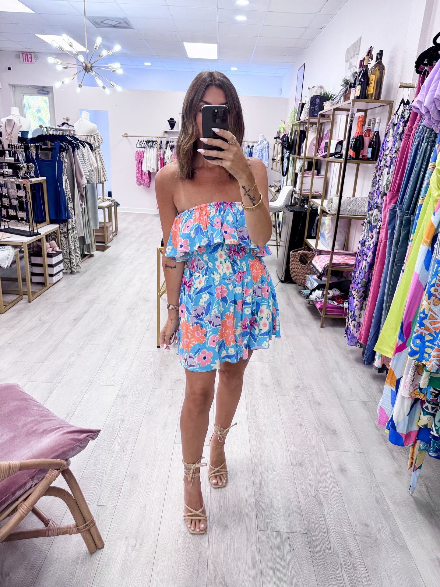 Blue Strapless Floral Rayon Crepe Romper