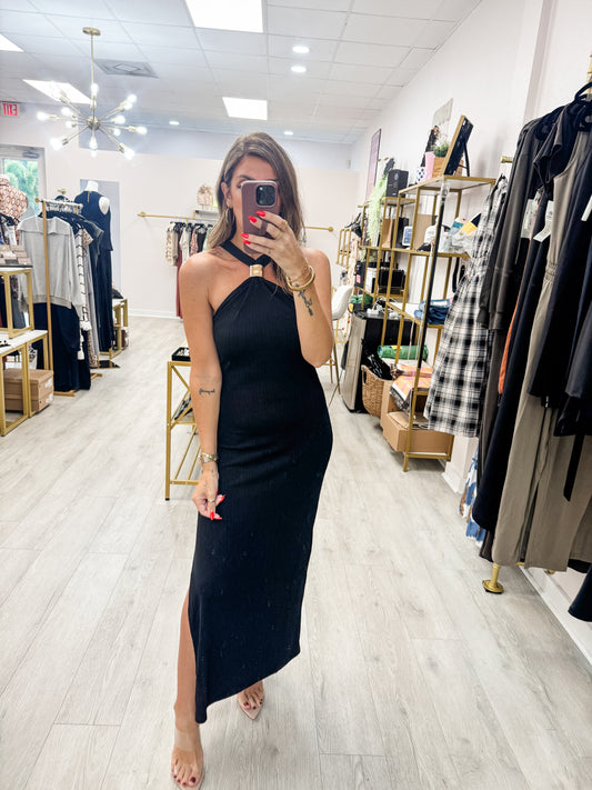 Gold Applique Halter Ribbed Dress