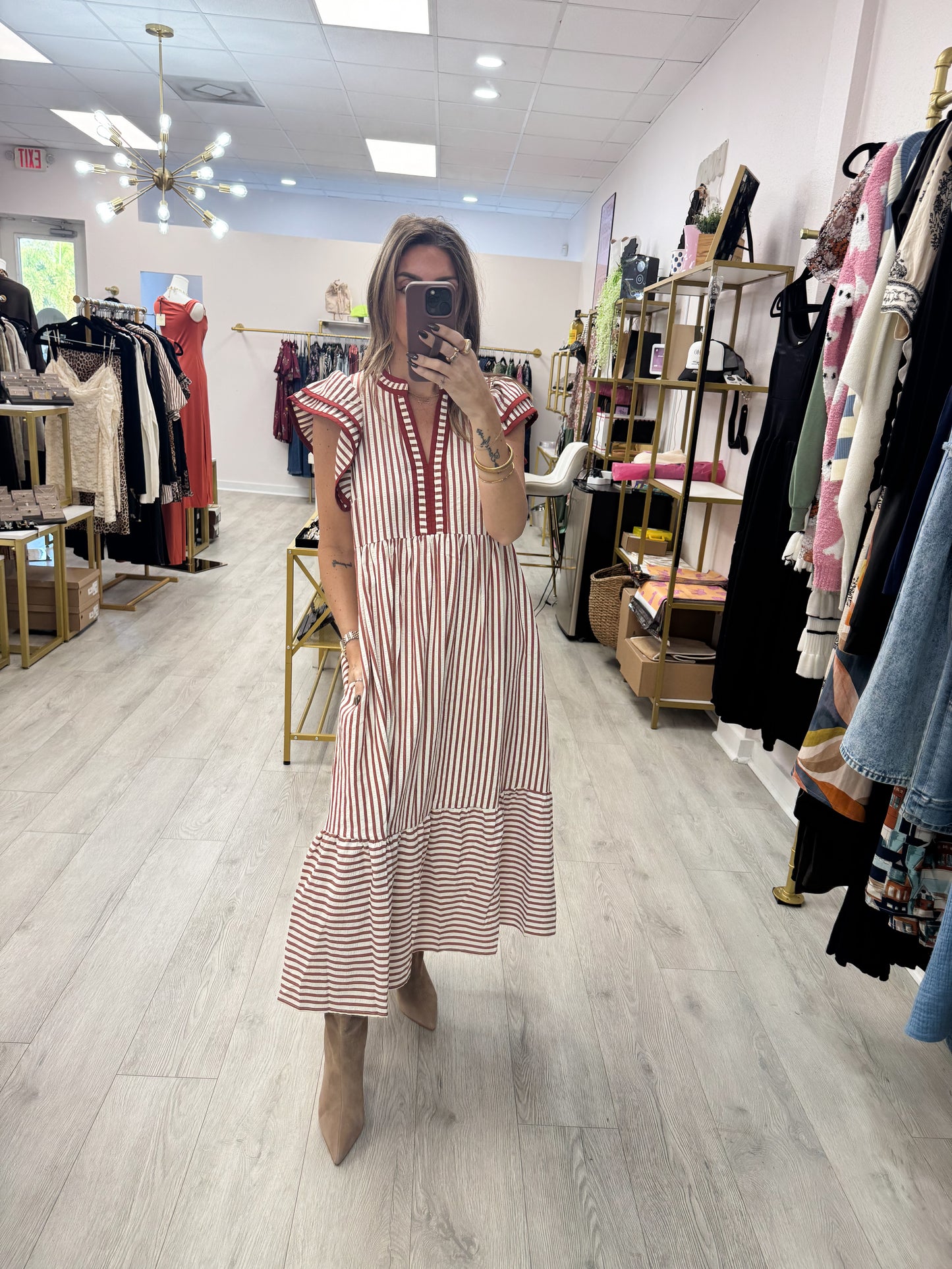 Rust Striped Flutter Dress