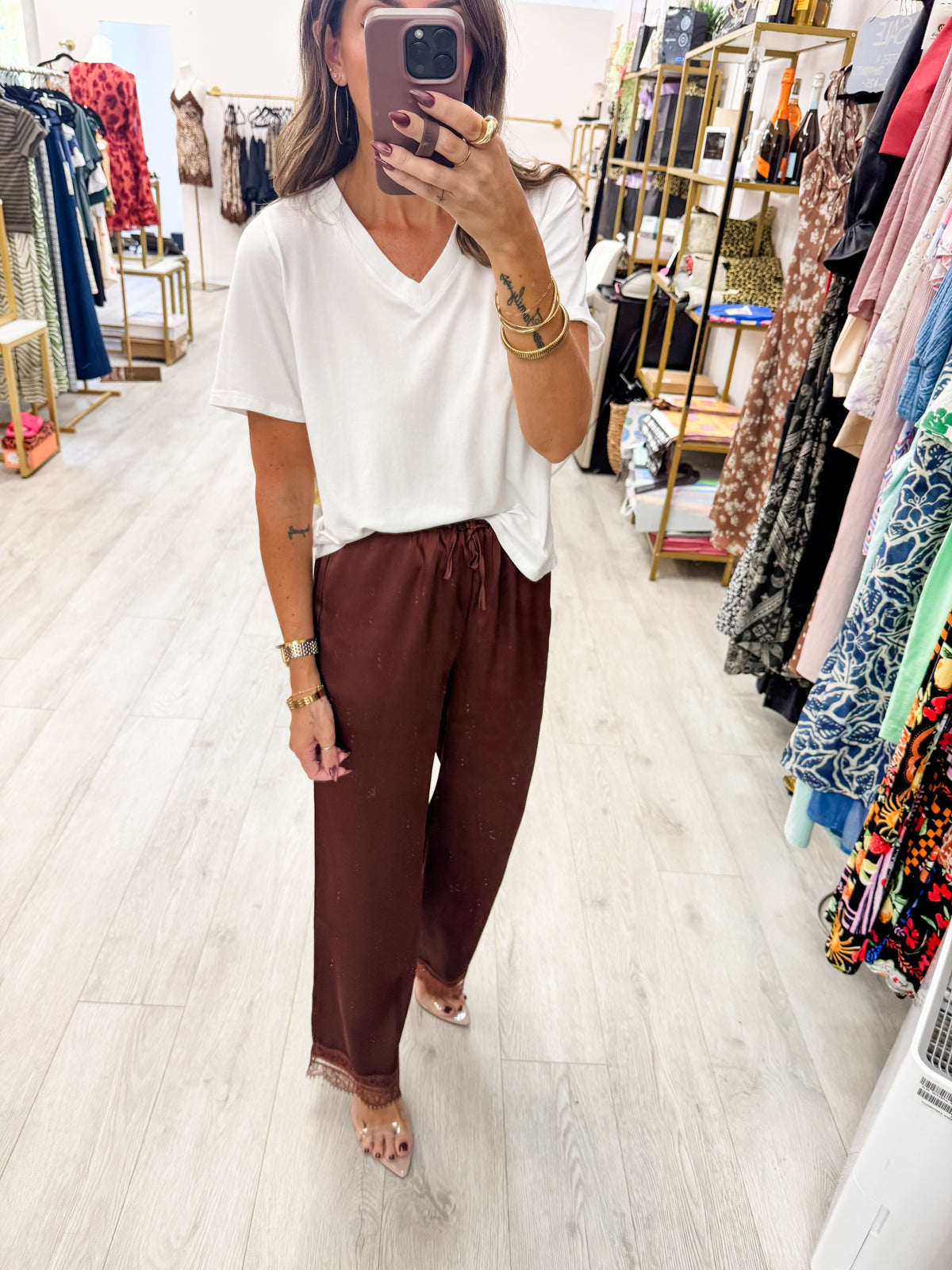 Brown Lace Trim Satin Wide Leg Pants