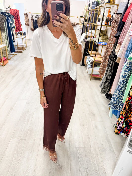 Brown Lace Trim Satin Wide Leg Pants