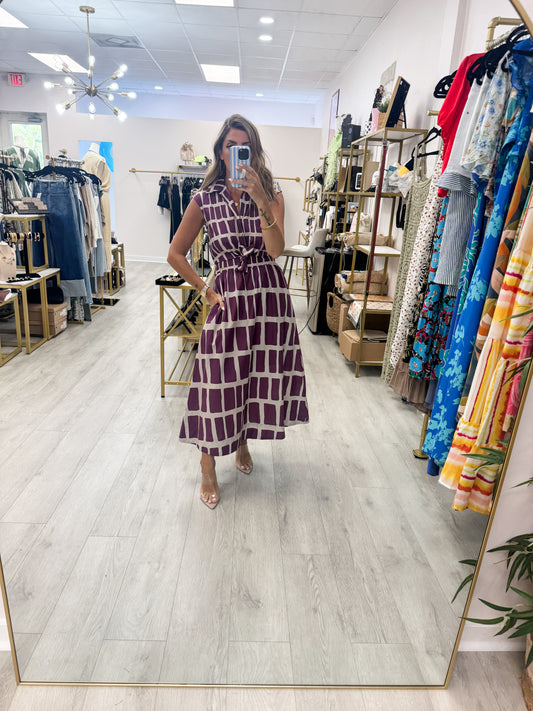 Abstract Maroon Midi Dress